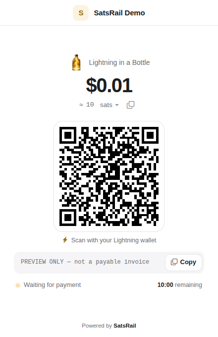 Actual SatsRail checkout with sample data, not a payable invoice.
